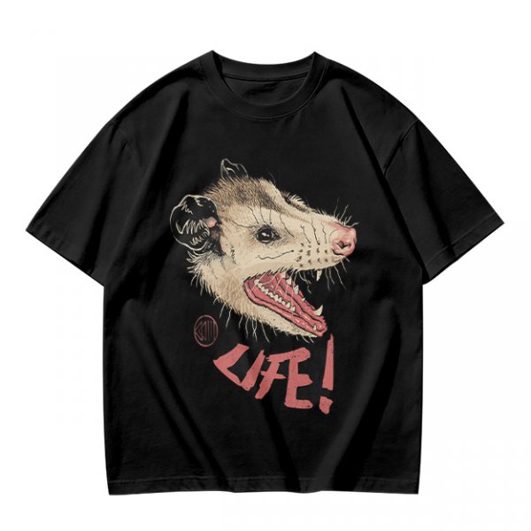 Olive T-Shirt With Aggressive Opossum 'LIFE!' Graphic Print