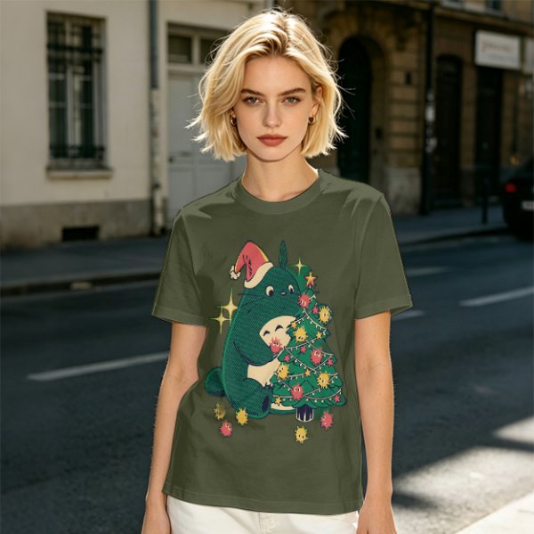 Olive Green T-Shirt With Christmas Totoro Decorating Tree Print