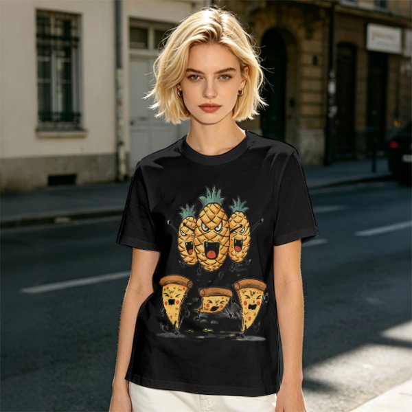Olive T-Shirt With Angry Pineapple And Pizza Slice Cartoon Print