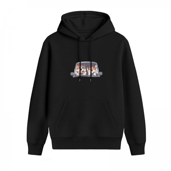Black hoodie with cute hamsters driving car graphic