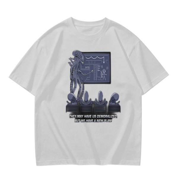 Olive green t-shirt with alien teaching plan graphic and funny text