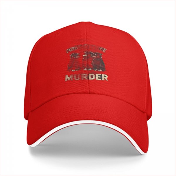 Black baseball cap with 'First Three Murder' and graduation penguins graphic