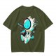 Olive T-Shirt with Astronaut Cat and Fish Graphic Print