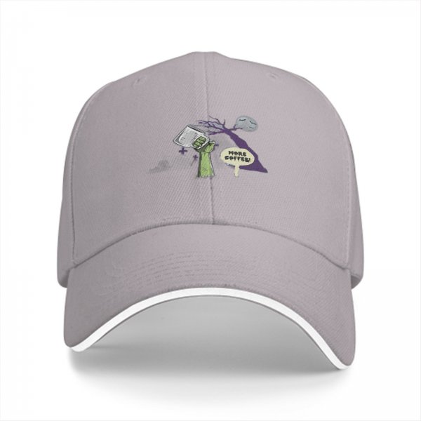 Black baseball cap with 'More Coffee!' monster graphic print
