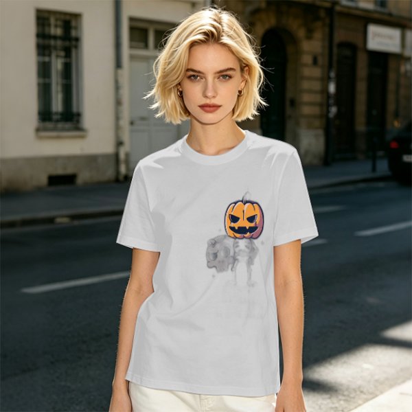 Olive Green T-Shirt with Halloween Jack-o'-Lantern and Skull Print