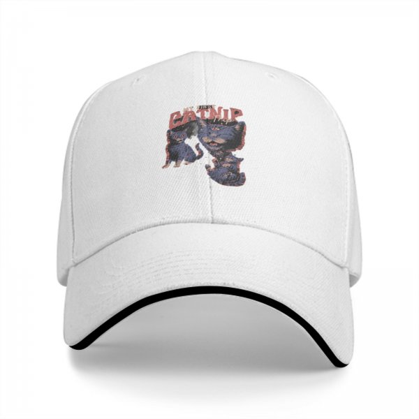 Black baseball cap with 'My First Catnip' and cat graphic print