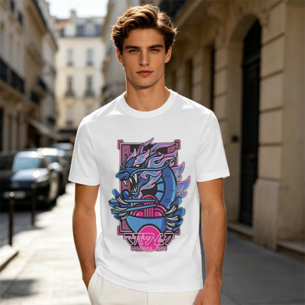 Olive T-Shirt With Neon Blue Dragon Holding Ramen Chopsticks Art