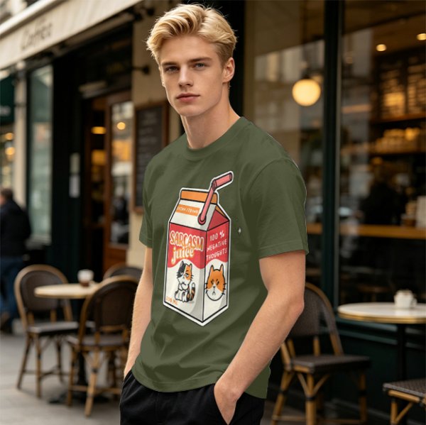 Olive green t-shirt with sarcasm juice carton and grumpy cat print
