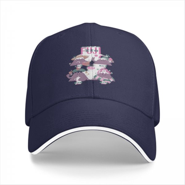 Black baseball cap with cute Mount Fuji character graphic design