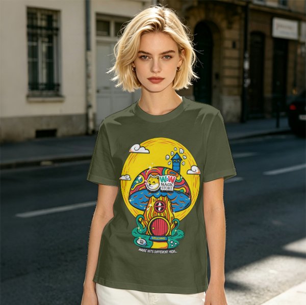 Olive T-Shirt with Trippy Mushroom House Graphic Design