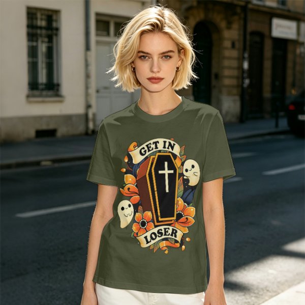 Olive Halloween T-Shirt with Get In Loser Coffin Ghost Floral Art