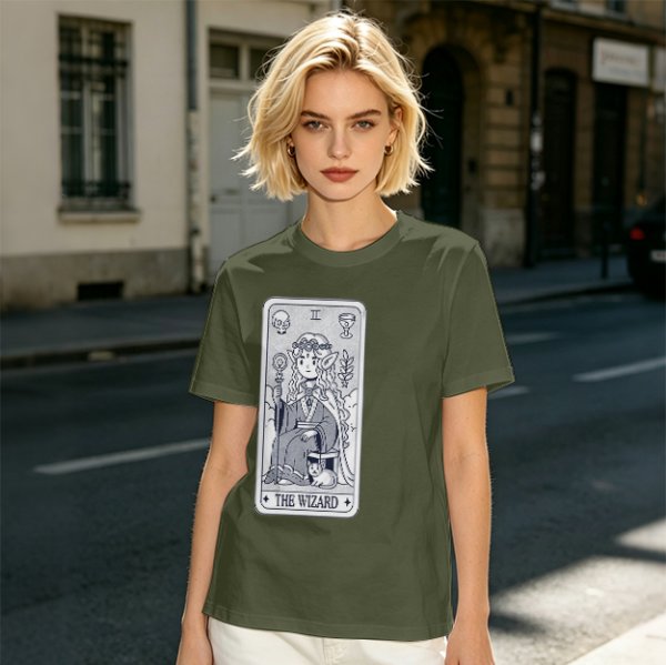 Olive T-Shirt With The Wizard Tarot Card Style Graphic Print