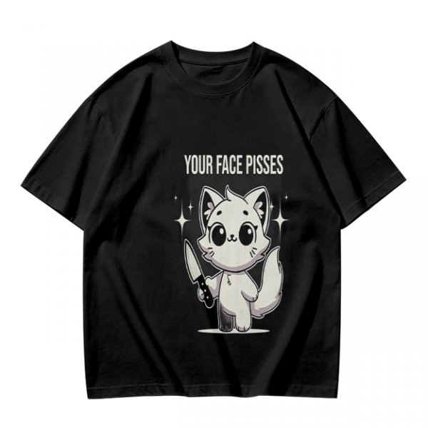 Olive graphic t-shirt with angry cartoon cat holding knife