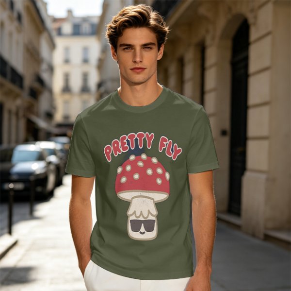 Olive green graphic t-shirt with 'Pretty Fly' and cool mushroom print