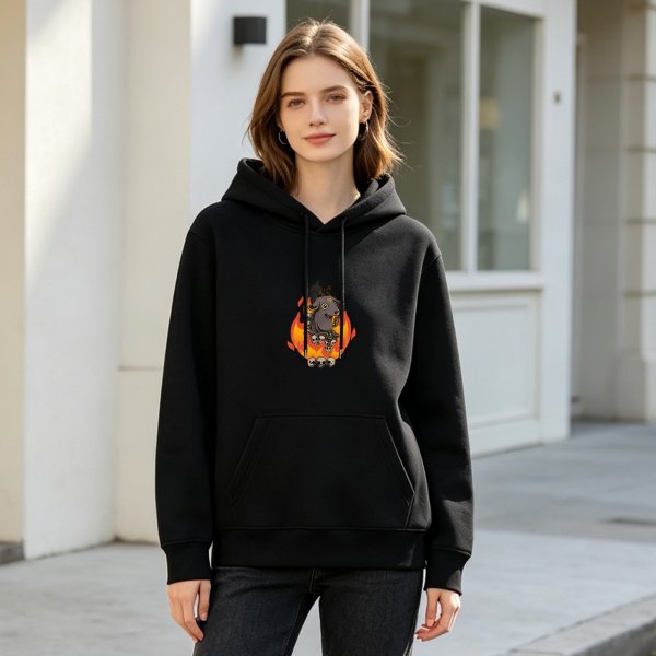 Black hoodie with cartoon devil on flames and skulls graphic