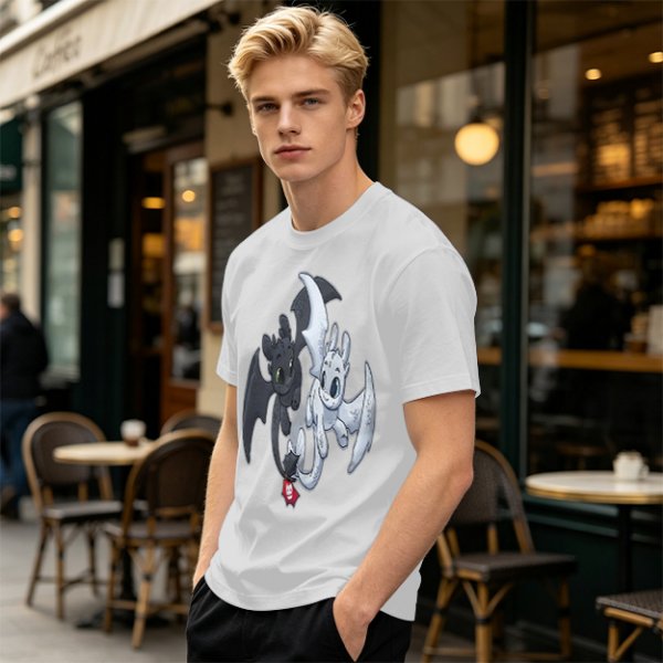 Olive T-Shirt Featuring Toothless and Light Fury Dragons