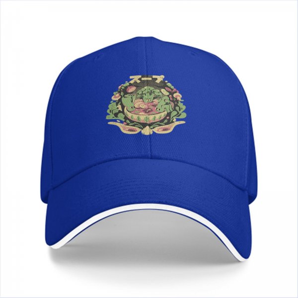 Black baseball cap with vegetable soup themed graphic print