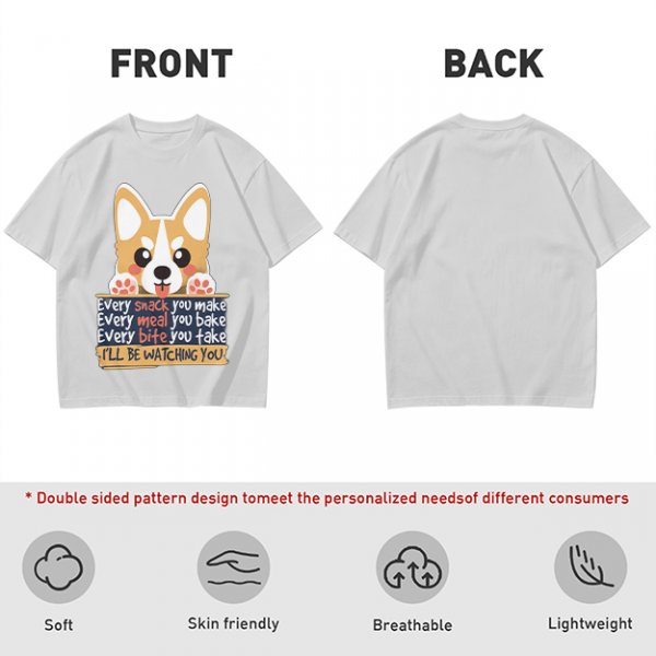 Olive t-shirt with corgi graphic and 'I'll Be Watching You' snack quote