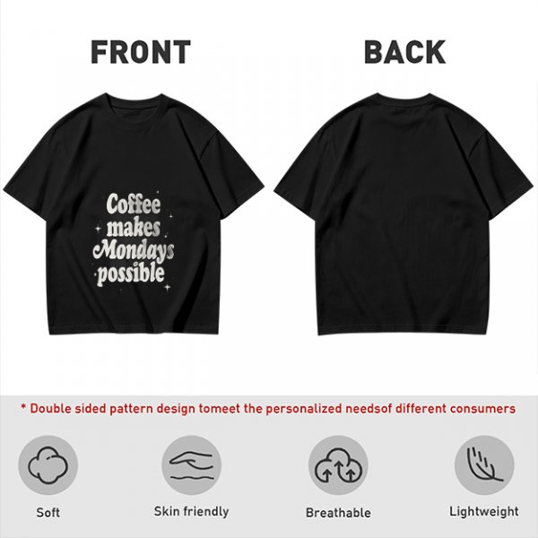 Olive green t-shirt with 'Coffee makes Mondays possible' print