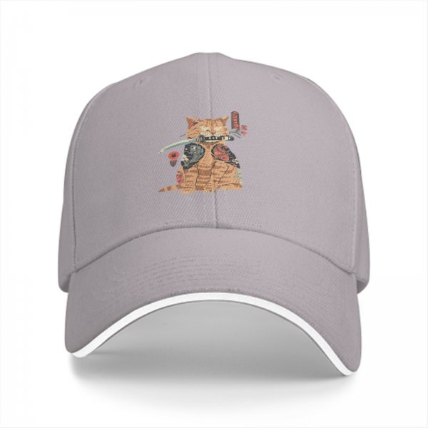 Black Baseball Cap With Tattooed Samurai Cat Holding Katana