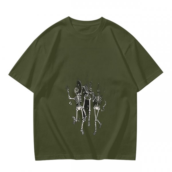 Olive T-shirt with Dancing Skeleton Graphic Print
