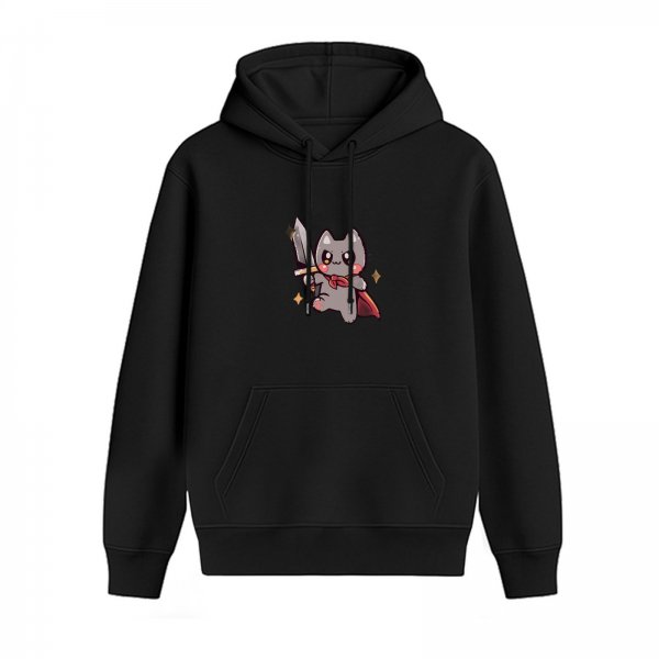Black Hoodie With Cute Warrior Cat Graphic Print