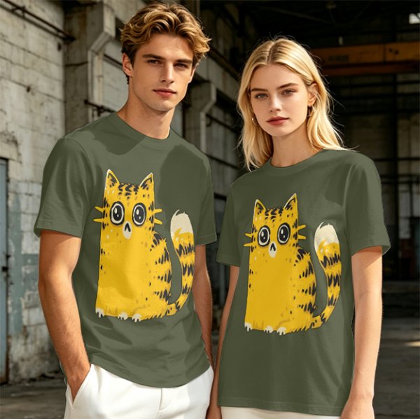 Olive Green T-Shirt With Cute Surprised Yellow Tabby Cat Graphic