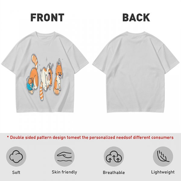 Olive T-Shirt With Playful Orange Cat Illustrations