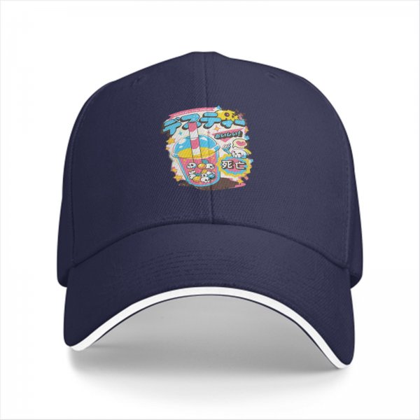 Black baseball cap with kawaii skull bubble tea graphic print