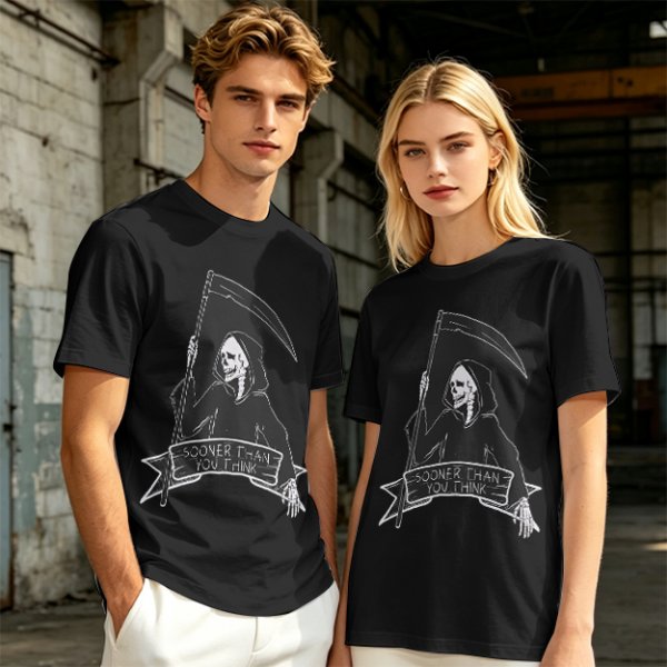 Olive Grim Reaper Graphic T-Shirt With Sooner Than You Think Text
