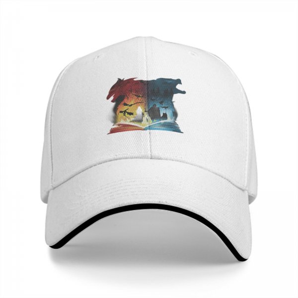 Black baseball cap with fantasy wolf and dragon book print design