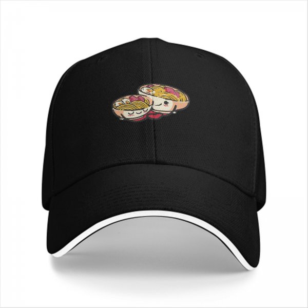 Black baseball cap with cute kawaii ramen bowls graphic