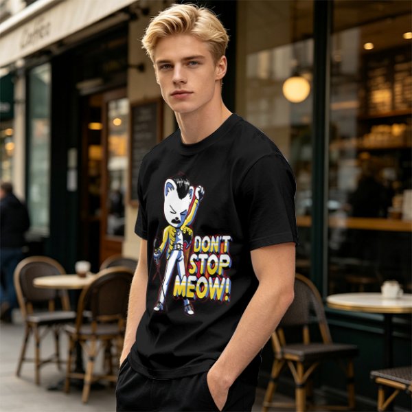 Olive graphic t-shirt with cat Freddie Mercury 'Don't Stop Meow' print