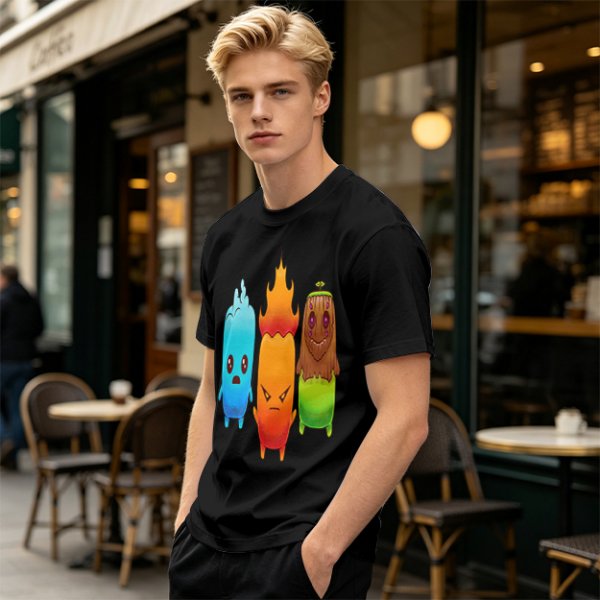 Olive T-Shirt With Cute Water Fire And Earth Elemental Characters