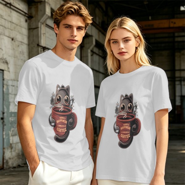 Olive t-shirt with a cartoon cat and coffee cup graphic