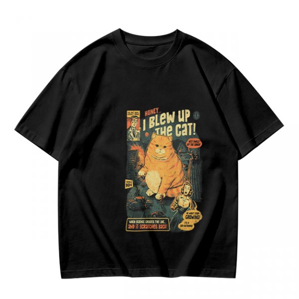 Olive t-shirt with vintage comic style 'I Blew Up The Cat!' print