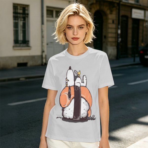 Olive t-shirt with Snoopy and Woodstock sushi print