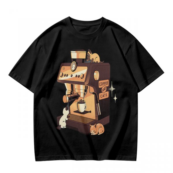 Olive t-shirt with espresso machine and cats graphic