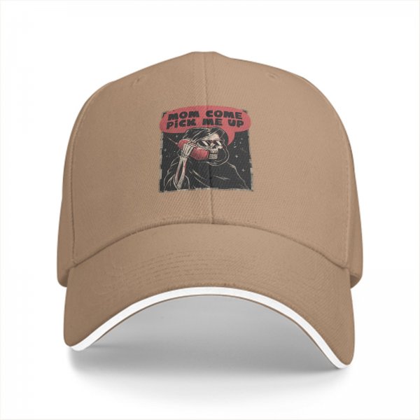 Black baseball cap with 'Mom Come Pick Me Up' skeleton graphic