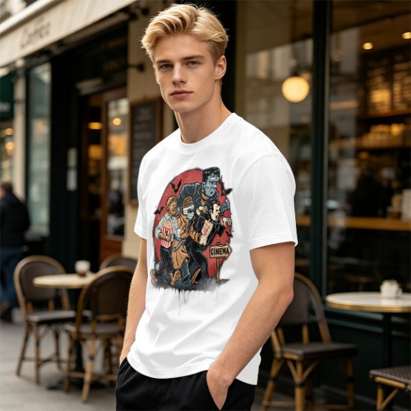 Olive T-Shirt with Classic Horror Monsters Going to Cinema Print