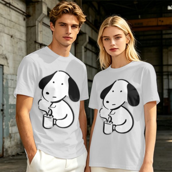 Olive Green T-Shirt With Cartoon Dog Holding Hot Drink Graphic