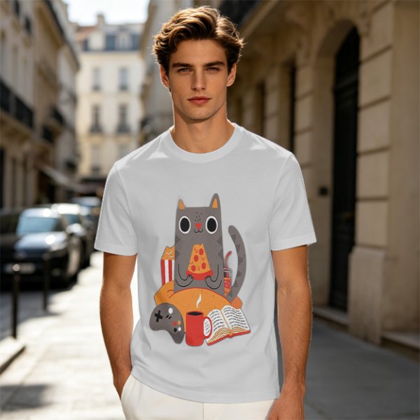 Olive T-Shirt With Cozy Cat Eating Pizza And Gaming Print