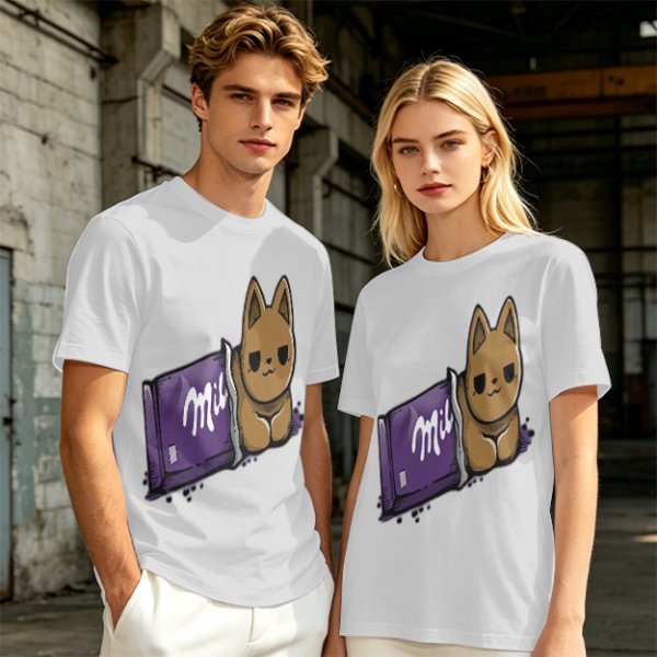 Olive T-shirt with a cartoon cat emerging from a purple chocolate wrapper print