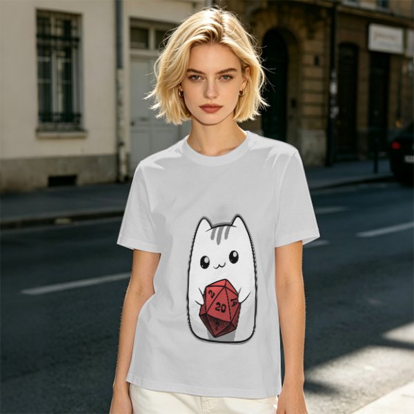 Olive T-Shirt With Cute White Cat Holding D20 Dice Print