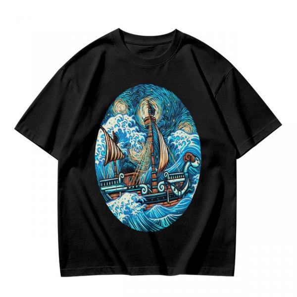 Olive T-Shirt With Starry Night Style Sailing Ship Ocean Art
