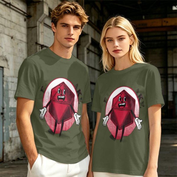 Olive Green T-Shirt With Cartoon D20 Vampire Graphic