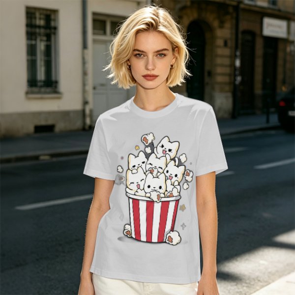Olive T-Shirt With Cute Kitten Popcorn Bucket Graphic