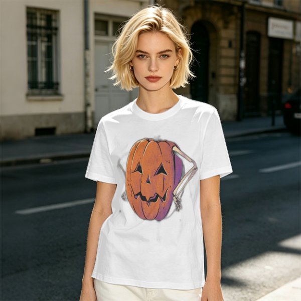 Olive Halloween T-Shirt with Skeleton Arm Jack-o'-Lantern Graphic