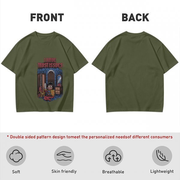 Olive t-shirt with 'I Have Trust Issues' chibi knight graphic