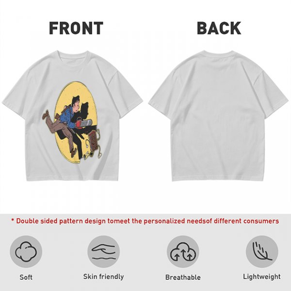 Olive T-shirt with Cartoon Chainsaw Action Character Print